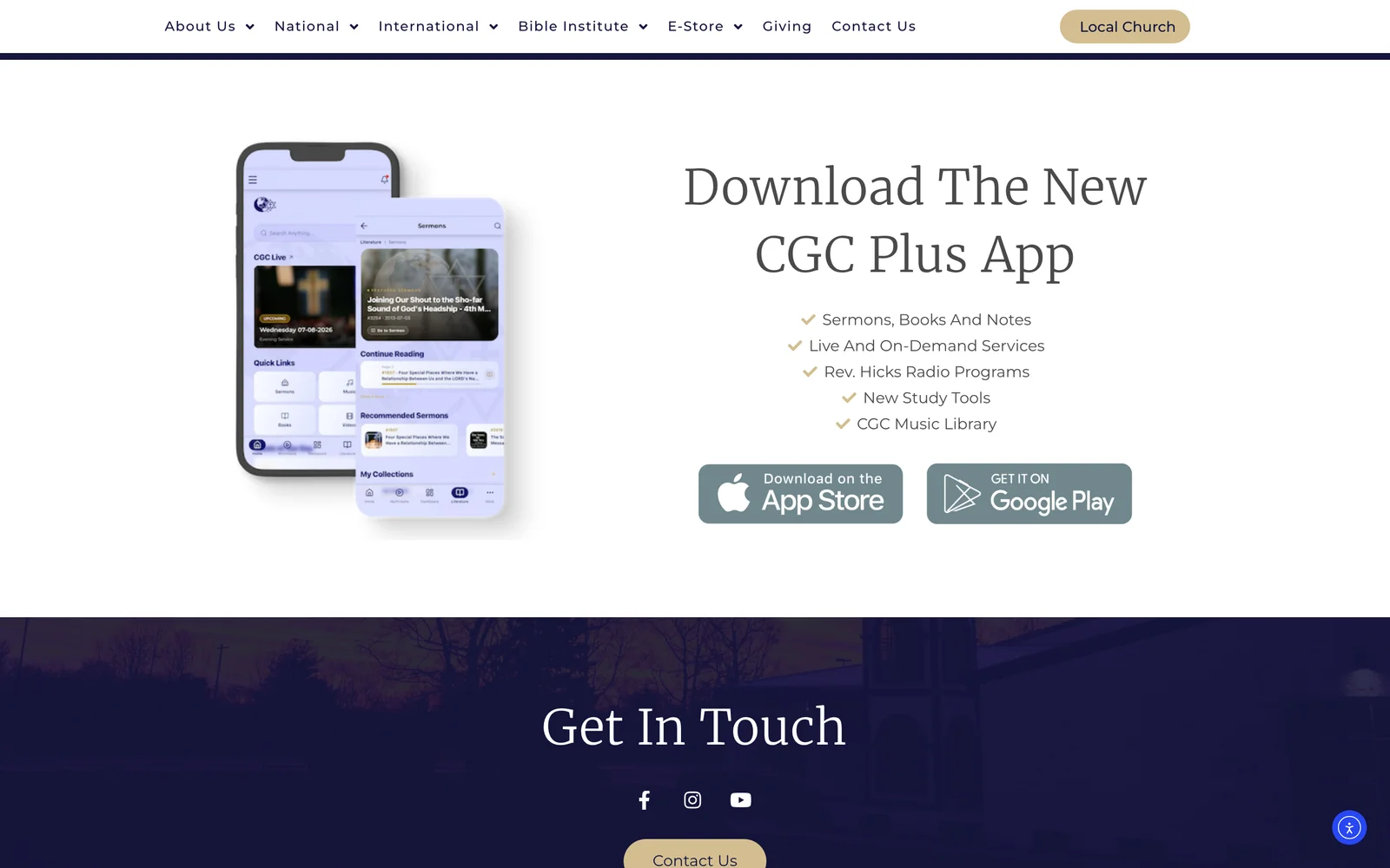 Sección del sitio de Christ Gospel Churches para descargar la app CGC Plus en App Store y Google Play