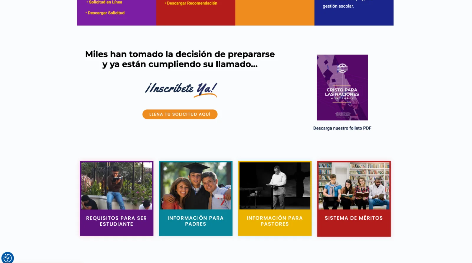 Página de admisiones e inscripción del sitio de Cristo para las Naciones