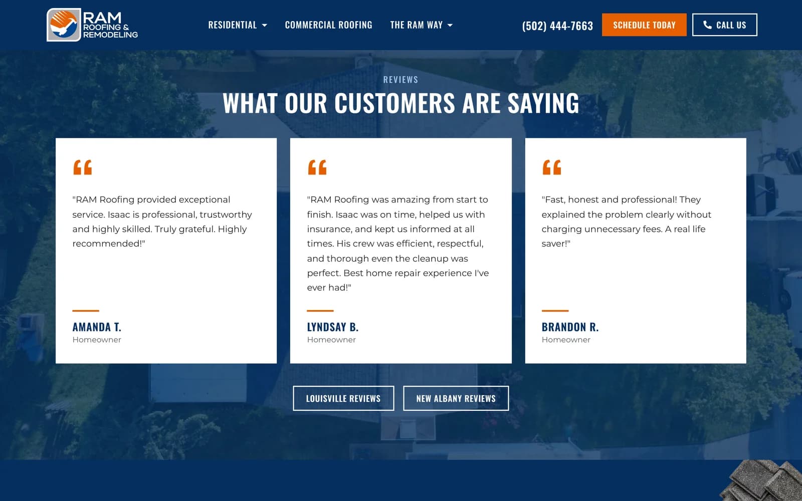 Sección de reseñas del sitio de RAM Roofing, 'What our customers are saying'