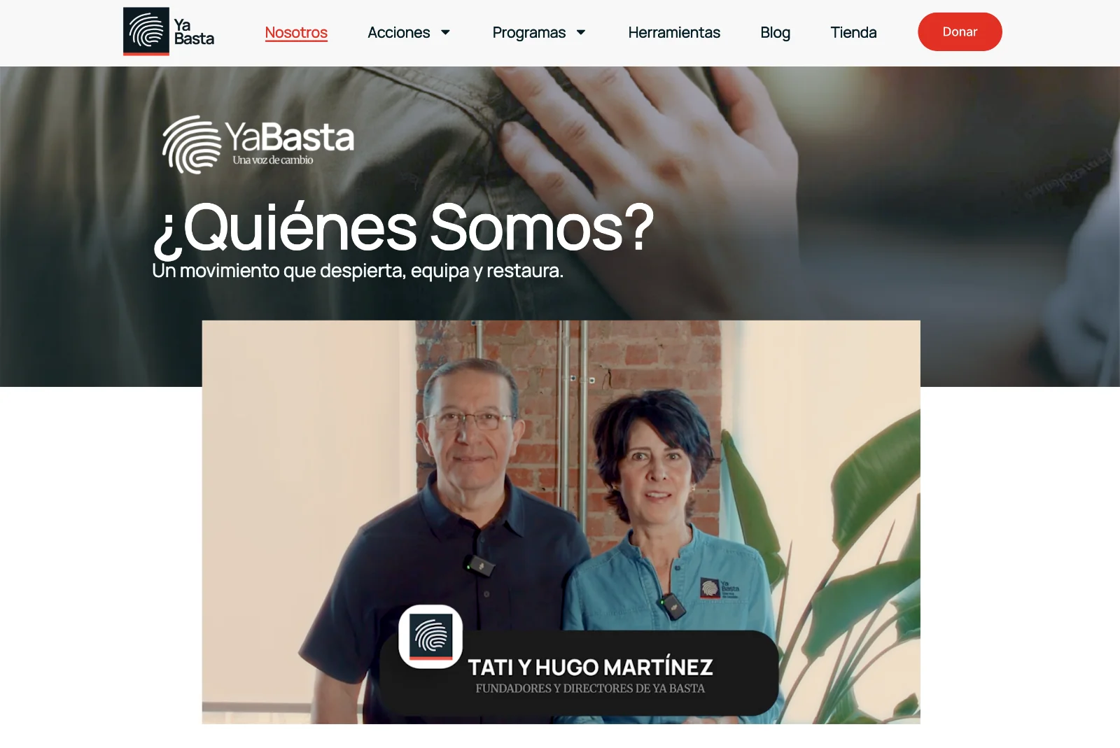 Página 'Quiénes somos' del nuevo sitio de Ya Basta, con Tati y Hugo Martínez
